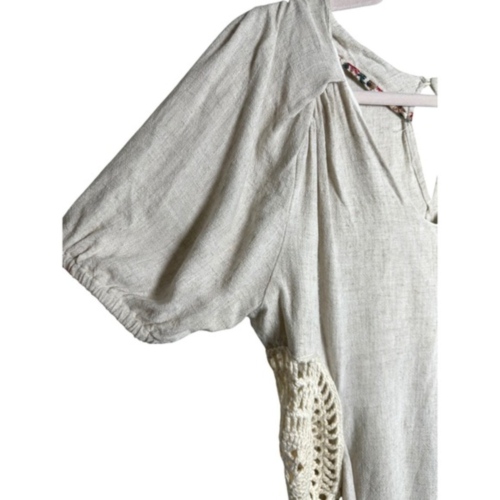 Umgee Linen Blend Crochet Side Panel Puff Sleeve Boho Top M - Picture 4 of 7